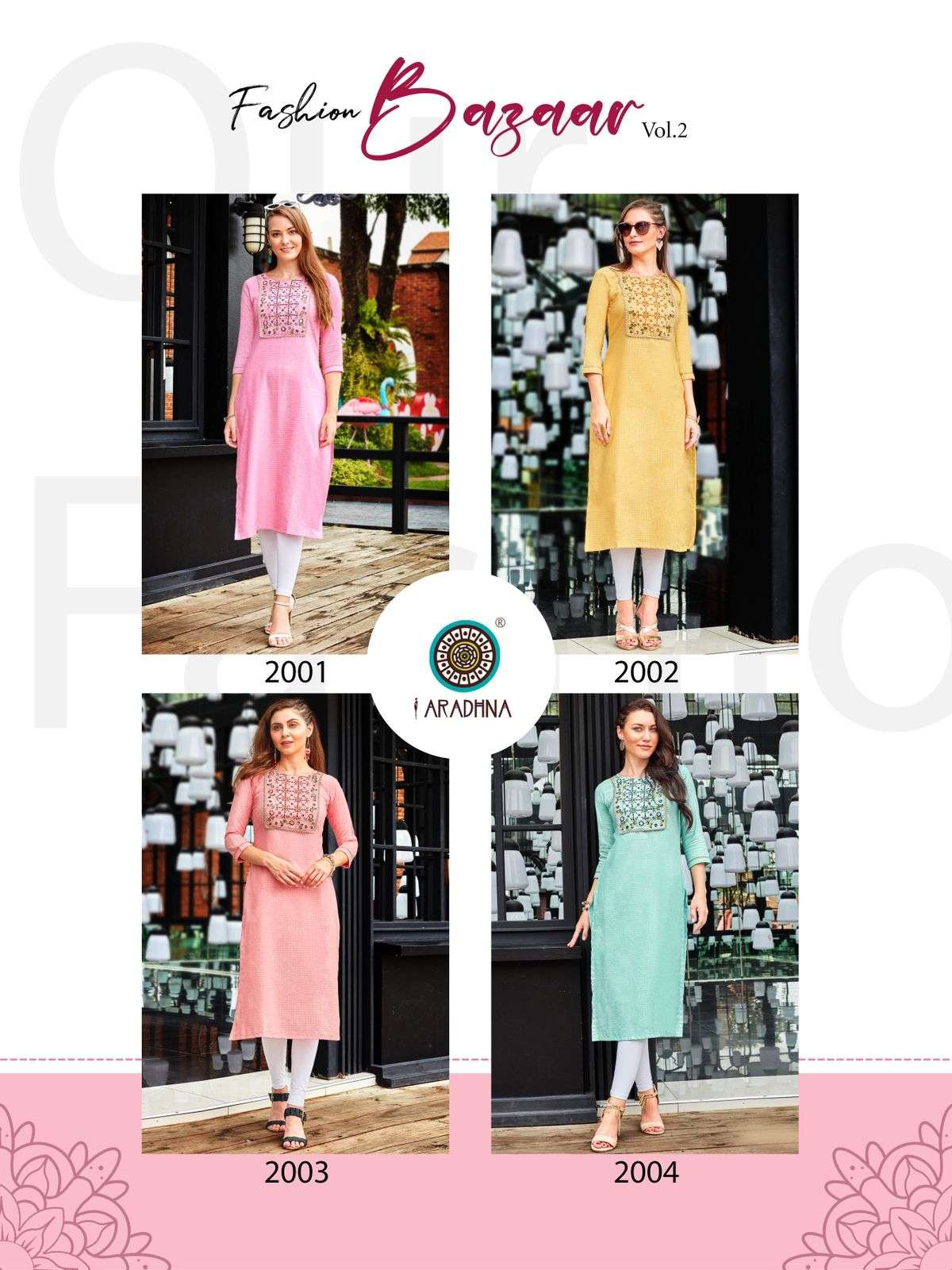FASHION BAZAAR VOL-2 BY ARADHNA FASHION 2001 TO 2004 SERIES BEAUTIFUL STYLISH FANCY COLORFUL CASUAL WEAR & ETHNIC WEAR COTTON EMBROIDERED KURTIS AT WHOLESALE PRICE