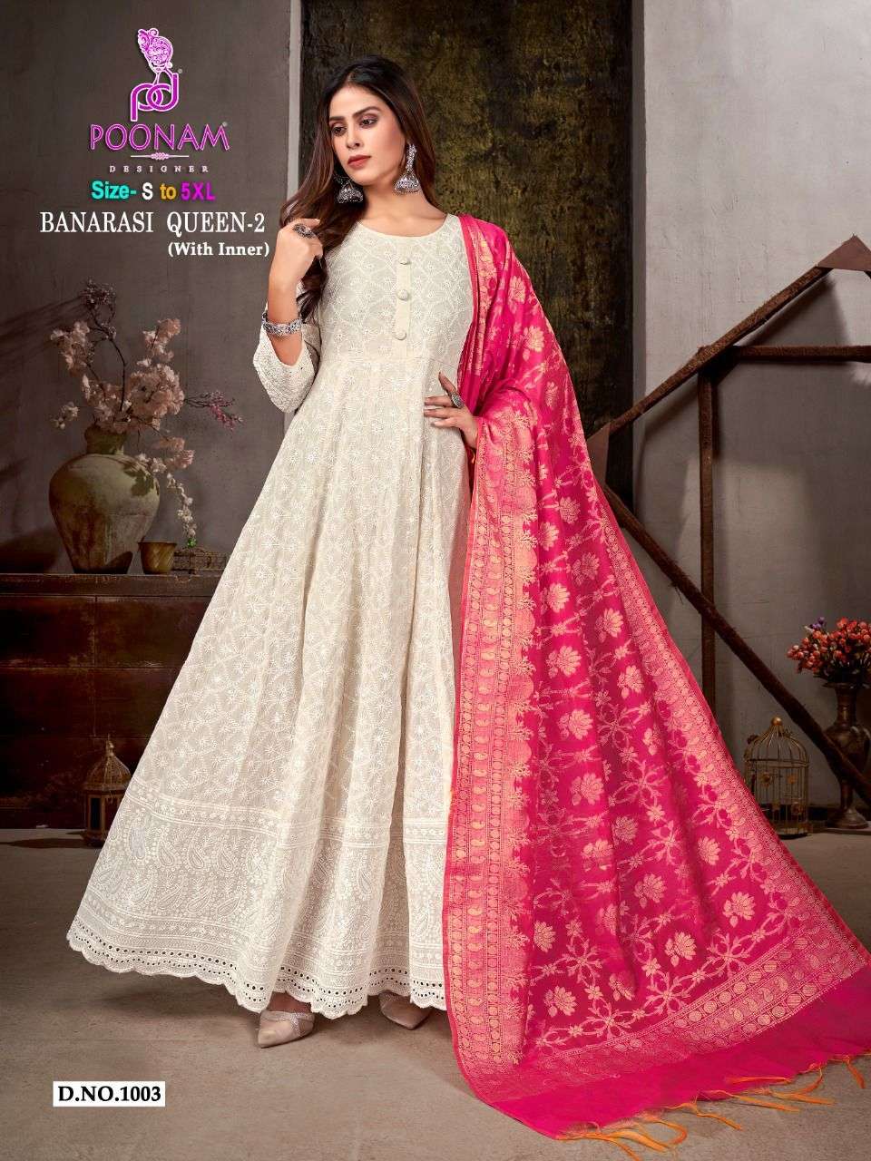 BANARASI QUEEN VOL-2 BY POONAM DESIGNER 1001 TO 1006 SERIES BEAUTIFUL STYLISH FANCY COLORFUL CASUAL WEAR & ETHNIC WEAR COTTON WITH WORK GOWNS WITH DUPATTA AT WHOLESALE PRICE