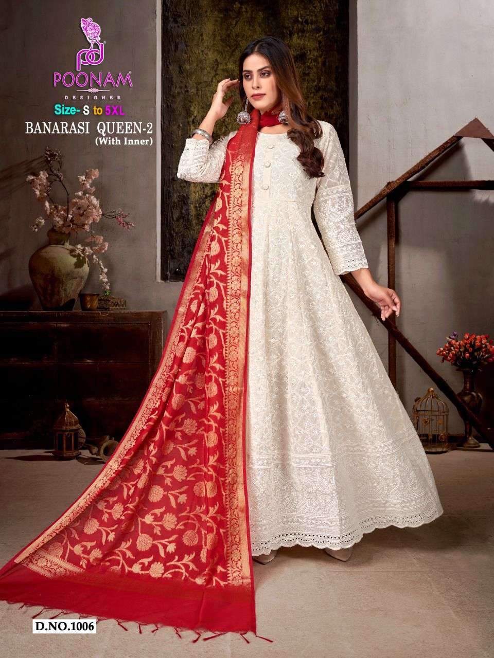 BANARASI QUEEN VOL-2 BY POONAM DESIGNER 1001 TO 1006 SERIES BEAUTIFUL STYLISH FANCY COLORFUL CASUAL WEAR & ETHNIC WEAR COTTON WITH WORK GOWNS WITH DUPATTA AT WHOLESALE PRICE