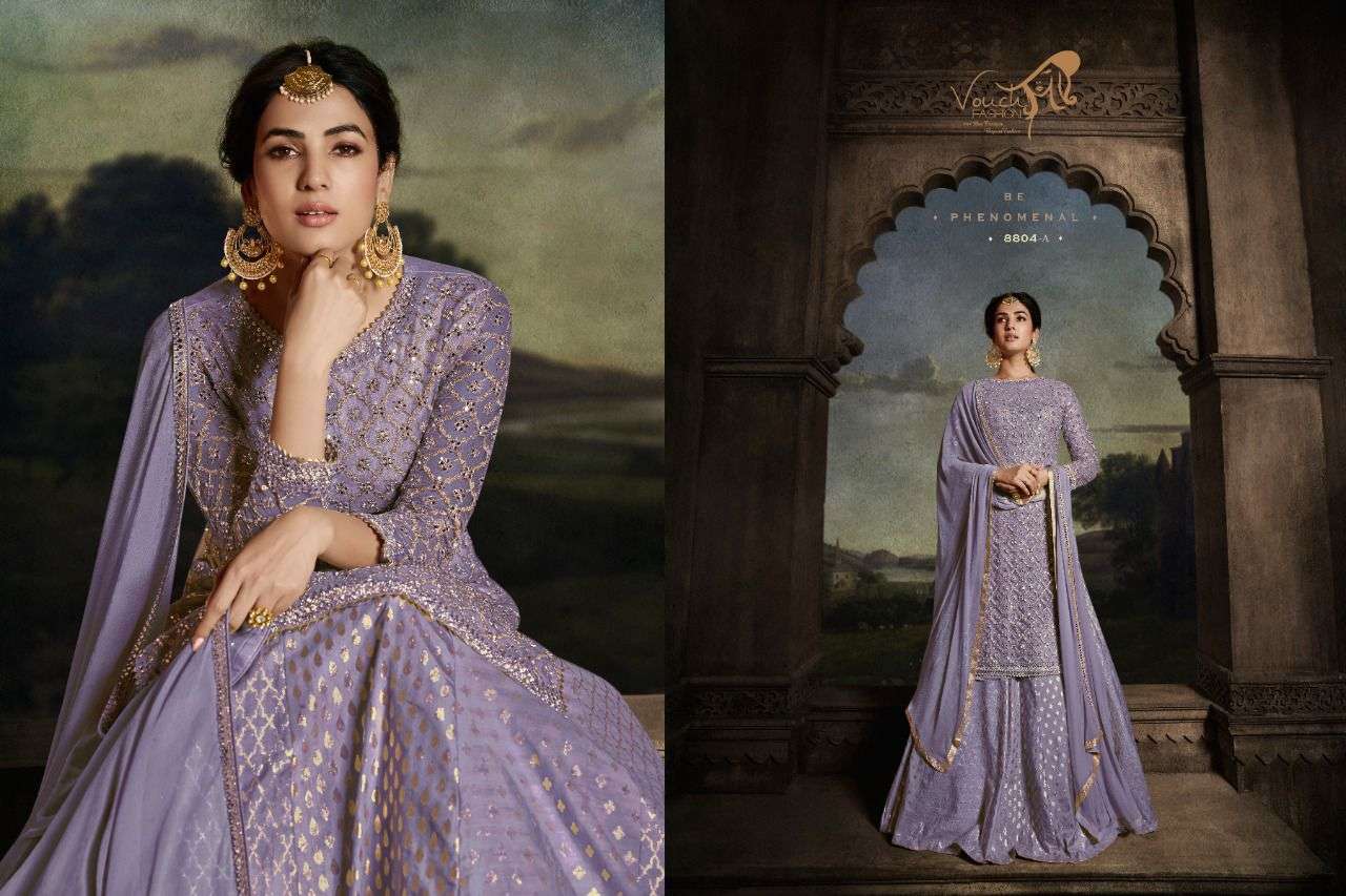 MOH COLOUR PLUS BY VOUCHE 8804 TO 8804-D SERIES BEAUTIFUL SHARARA SUITS COLORFUL STYLISH FANCY CASUAL WEAR & ETHNIC WEAR NET EMBROIDERED DRESSES AT WHOLESALE PRICE