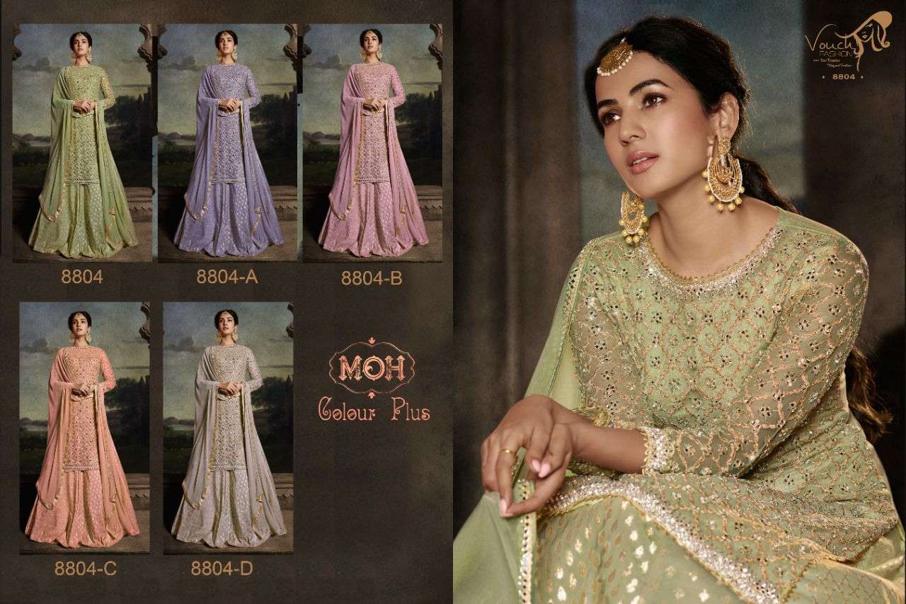 MOH COLOUR PLUS BY VOUCHE 8804 TO 8804-D SERIES BEAUTIFUL SHARARA SUITS COLORFUL STYLISH FANCY CASUAL WEAR & ETHNIC WEAR NET EMBROIDERED DRESSES AT WHOLESALE PRICE