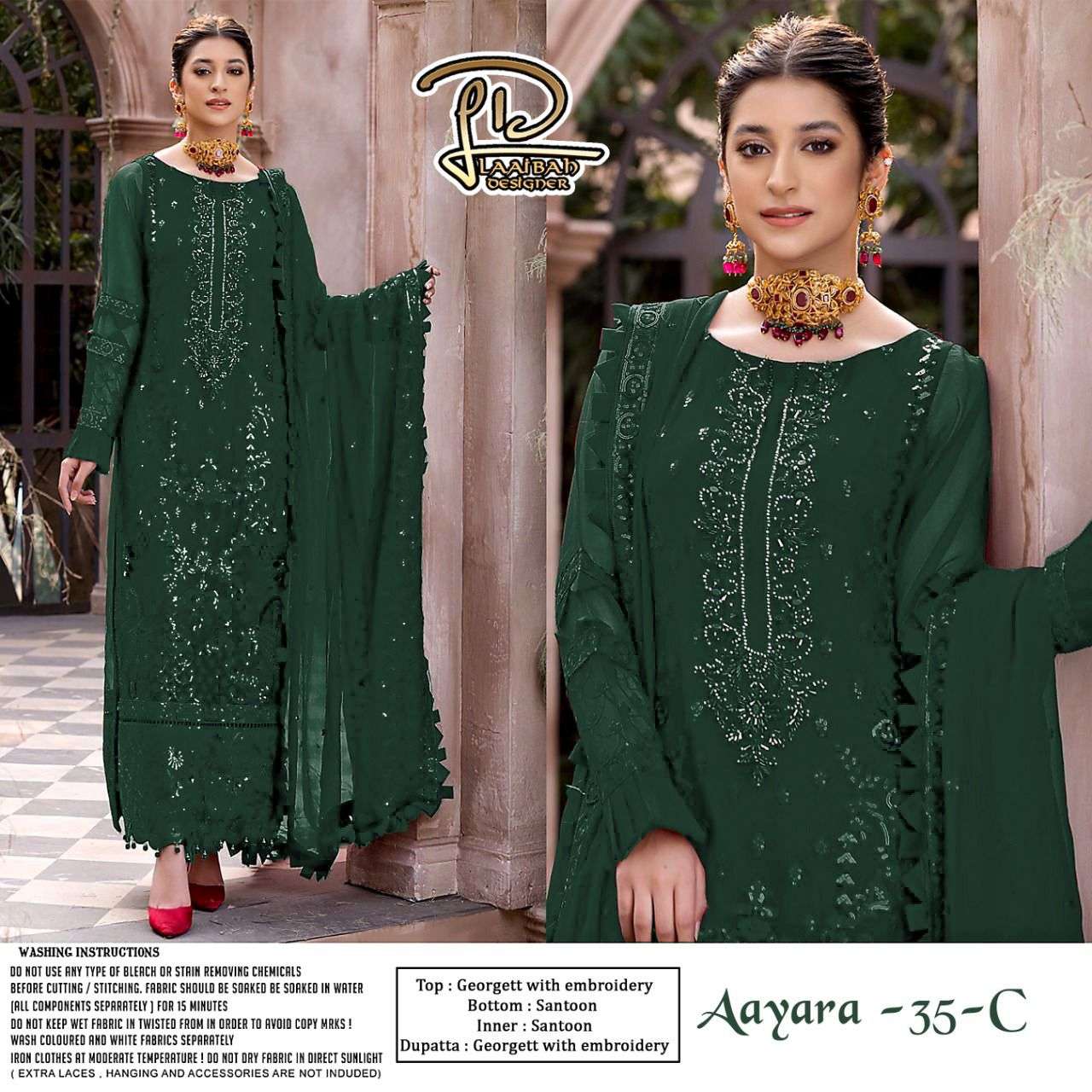 AAYARA 35 COLOURS BY LAAIBAH DESIGNER 35-A TO 35-D SERIES DESIGNER PAKISTANI SUITS COLLECTION BEAUTIFUL STYLISH COLORFUL FANCY PARTY WEAR & OCCASIONAL WEAR GEORGETTE DRESSES AT WHOLESALE PRICE