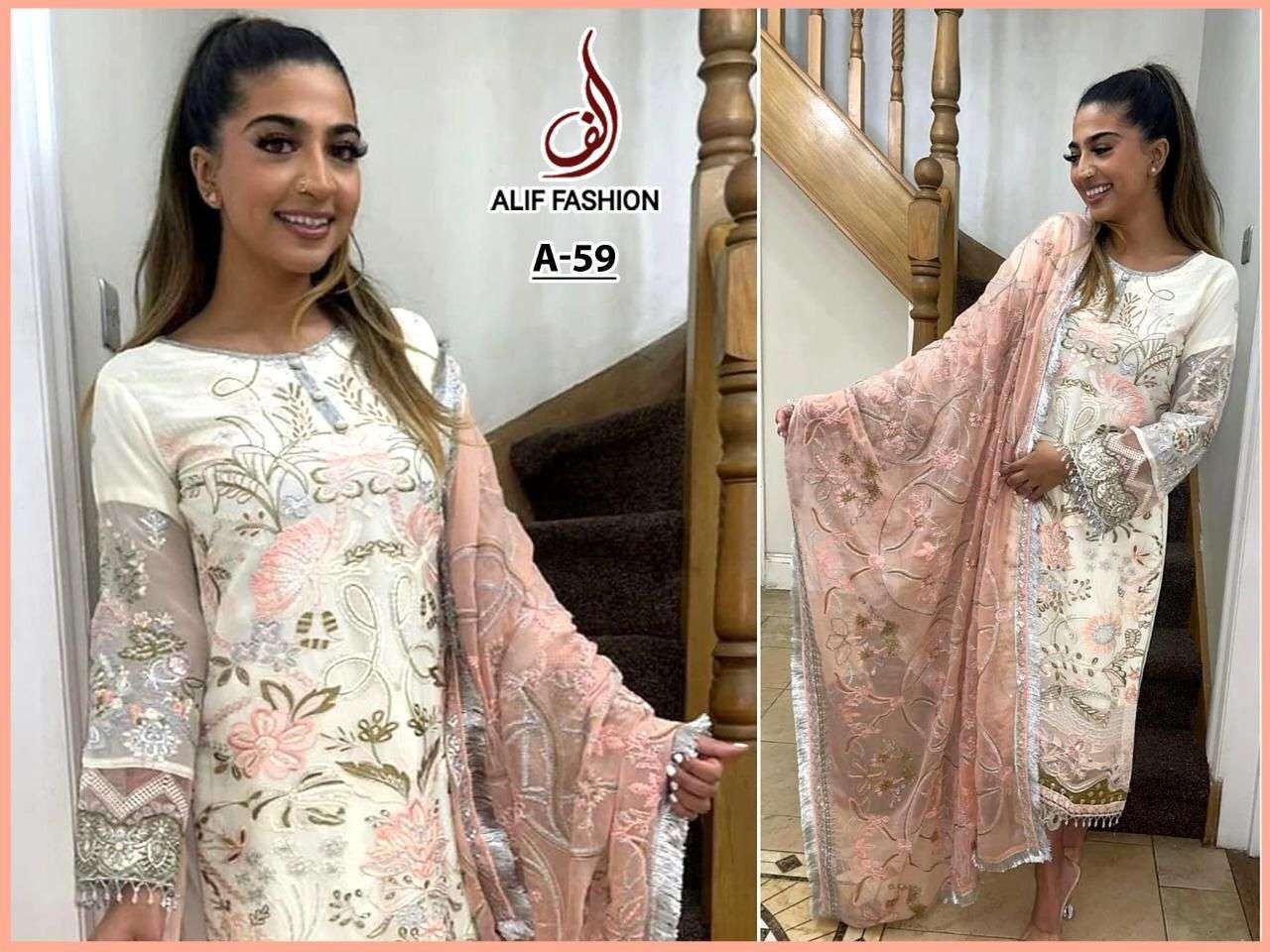 ALIF HIT DESIGN A-59 BY ALIF FASHION BEAUTIFUL PAKISTANI SUITS STYLISH COLORFUL FANCY CASUAL WEAR & ETHNIC WEAR FAUX GEORGETTE EMBROIDERED DRESSES AT WHOLESALE PRICE