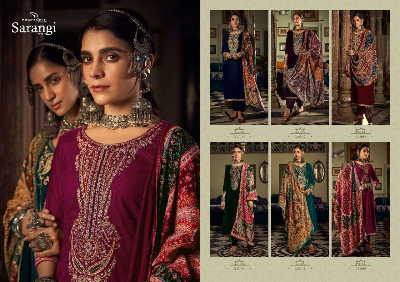 SARANGI VOL-2 BY NISHANT FASHION 32001 TO 32006 SERIES SUITS BEAUTIFUL FANCY COLORFUL STYLISH PARTY WEAR & OCCASIONAL WEAR PURE VELVET EMBROIDERY DRESSES AT WHOLESALE PRICE
