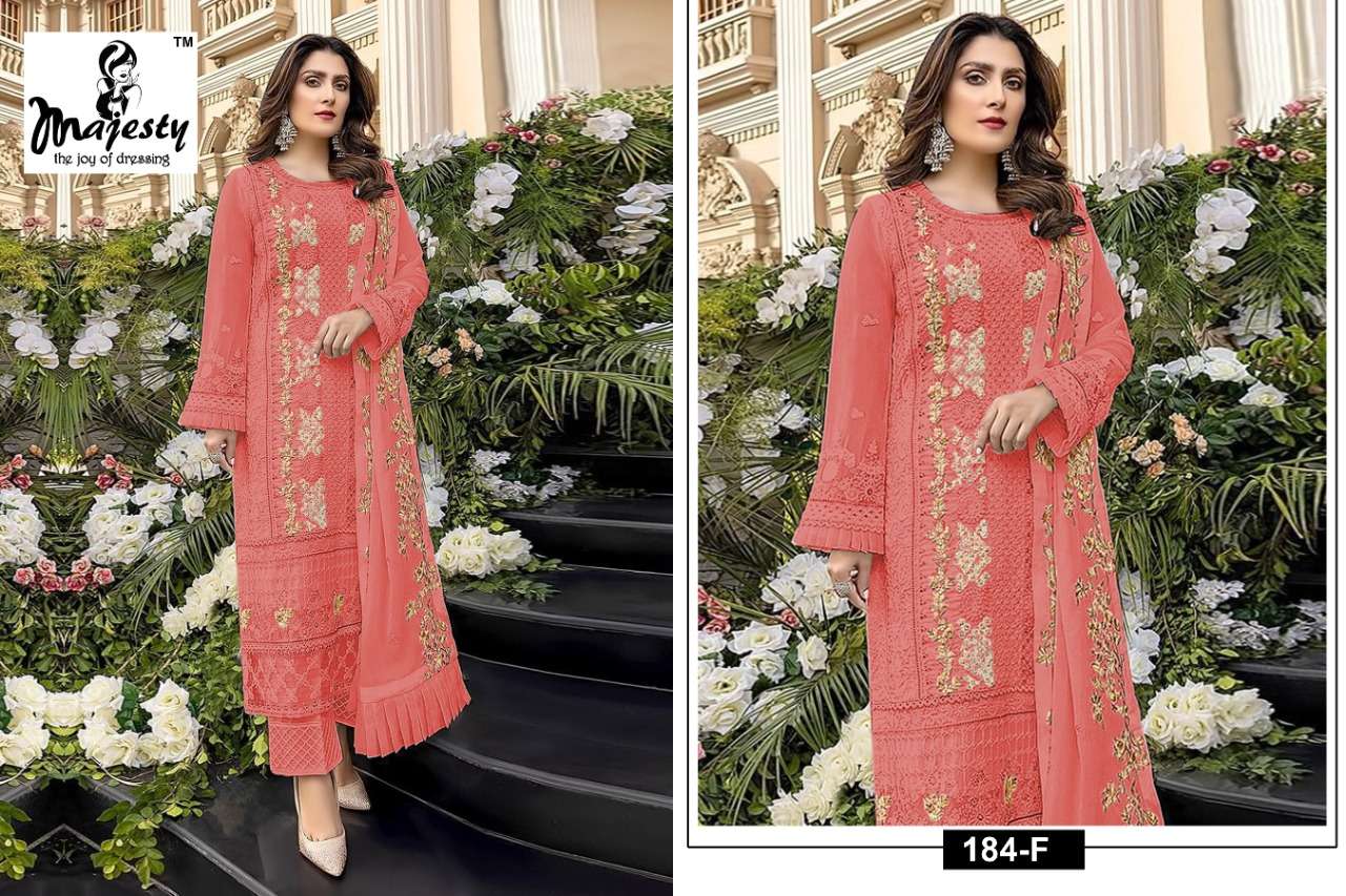 SATRANGI HIT BY MAJESTY 184-E TO 184-H SERIES PAKISTANI SUITS BEAUTIFUL FANCY COLORFUL STYLISH PARTY WEAR & OCCASIONAL WEAR FAUX GEORGETTE WITH EMBROIDERY DRESSES AT WHOLESALE PRICE