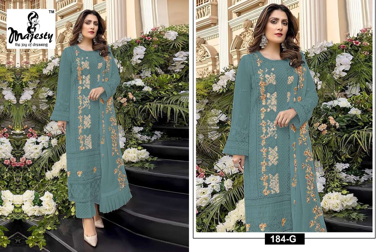 SATRANGI HIT BY MAJESTY 184-E TO 184-H SERIES PAKISTANI SUITS BEAUTIFUL FANCY COLORFUL STYLISH PARTY WEAR & OCCASIONAL WEAR FAUX GEORGETTE WITH EMBROIDERY DRESSES AT WHOLESALE PRICE