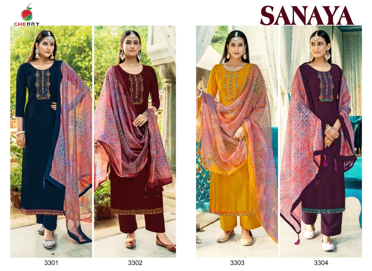 SANAYA BY CHERRY 3301 TO 3304 SERIES FESTIVE SUITS BEAUTIFUL FANCY COLORFUL STYLISH PARTY WEAR & OCCASIONAL WEAR PURE SILK DRESSES AT WHOLESALE PRICE