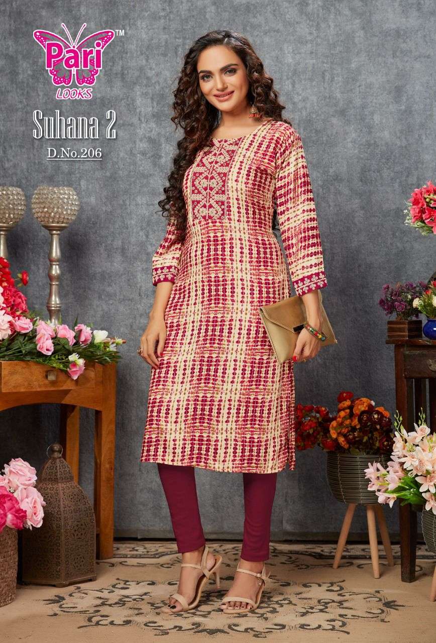 SUHANA VOL-2 BY PARI 201 TO 208 SERIES BEAUTIFUL STYLISH FANCY COLORFUL CASUAL WEAR & ETHNIC WEAR RAYON FOIL KURTIS AT WHOLESALE PRICE