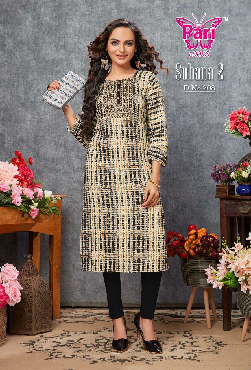 SUHANA VOL-2 BY PARI 201 TO 208 SERIES BEAUTIFUL STYLISH FANCY COLORFUL CASUAL WEAR & ETHNIC WEAR RAYON FOIL KURTIS AT WHOLESALE PRICE