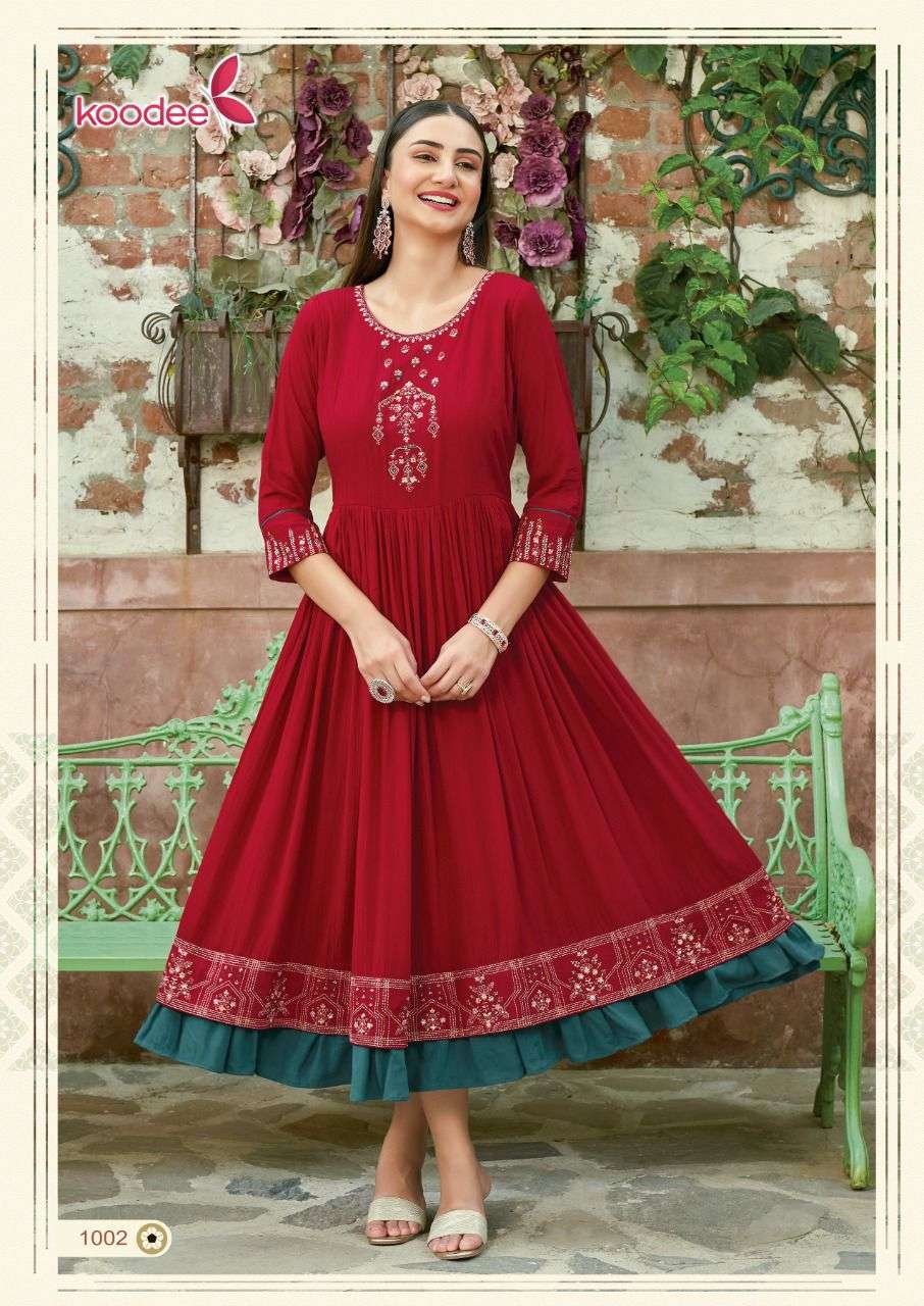 ROSHANI BY KOODEE 1001 TO 1004 SERIES DESIGNER STYLISH FANCY COLORFUL BEAUTIFUL PARTY WEAR & ETHNIC WEAR COLLECTION RAYON KURTIS AT WHOLESALE PRICE