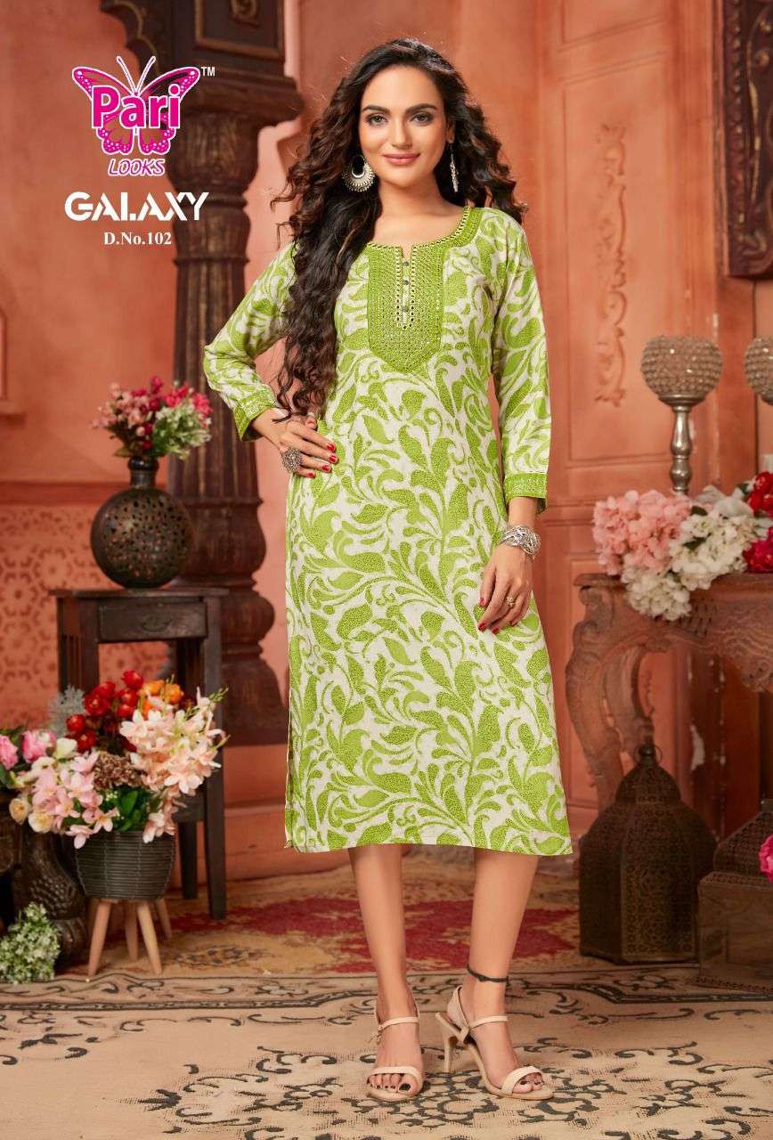 GALAXY BY PARI 101 TO 108 SERIES BEAUTIFUL STYLISH FANCY COLORFUL CASUAL WEAR & ETHNIC WEAR RAYON FOIL KURTIS AT WHOLESALE PRICE