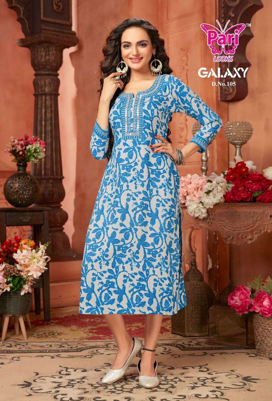 GALAXY BY PARI 101 TO 108 SERIES BEAUTIFUL STYLISH FANCY COLORFUL CASUAL WEAR & ETHNIC WEAR RAYON FOIL KURTIS AT WHOLESALE PRICE