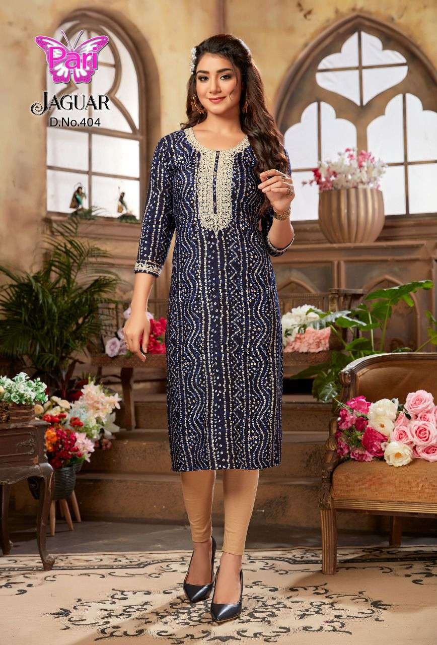 JAGUAR VOL-4 BY PARI 401 TO 408 SERIES BEAUTIFUL STYLISH FANCY COLORFUL CASUAL WEAR & ETHNIC WEAR RAYON FOIL KURTIS AT WHOLESALE PRICE