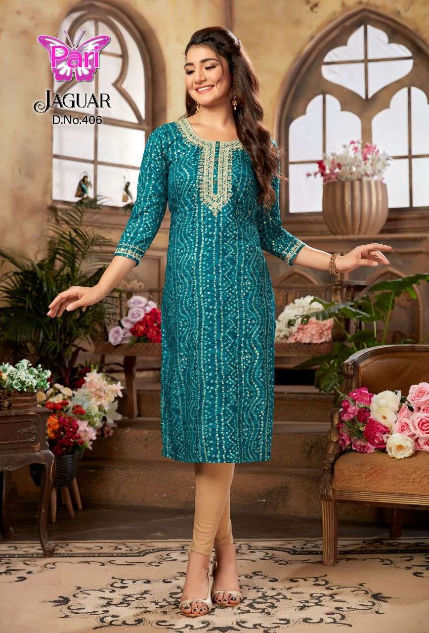 JAGUAR VOL-4 BY PARI 401 TO 408 SERIES BEAUTIFUL STYLISH FANCY COLORFUL CASUAL WEAR & ETHNIC WEAR RAYON FOIL KURTIS AT WHOLESALE PRICE