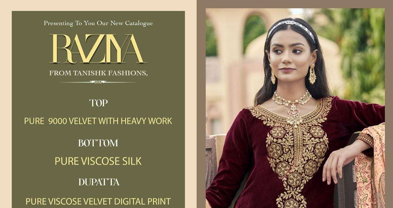 RAZIYA BY TANISHK FASHION 3901 TO 3906 SERIES SUITS BEAUTIFUL FANCY COLORFUL STYLISH PARTY WEAR & OCCASIONAL WEAR VELVET EMBROIDERY DRESSES AT WHOLESALE PRICE