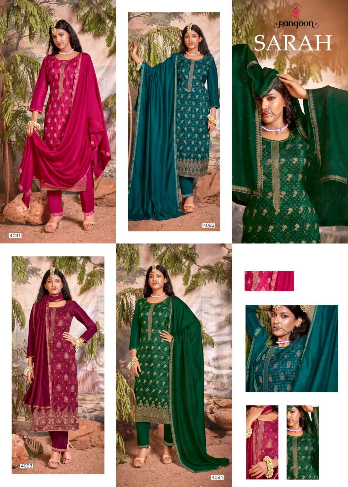 SARAH BY RANGOON 4091 TO 4094 SERIES BEAUTIFUL SUITS COLORFUL STYLISH FANCY CASUAL WEAR & ETHNIC WEAR PURE MUSLIN JACQUARD DRESSES AT WHOLESALE PRICE