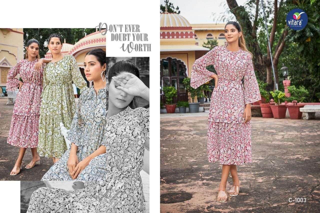 CLINTON BY VITARA 1001 TO 1004 SERIES DESIGNER STYLISH FANCY COLORFUL BEAUTIFUL PARTY WEAR & ETHNIC WEAR COLLECTION GEORGETTE PRINT KURTIS AT WHOLESALE PRICE