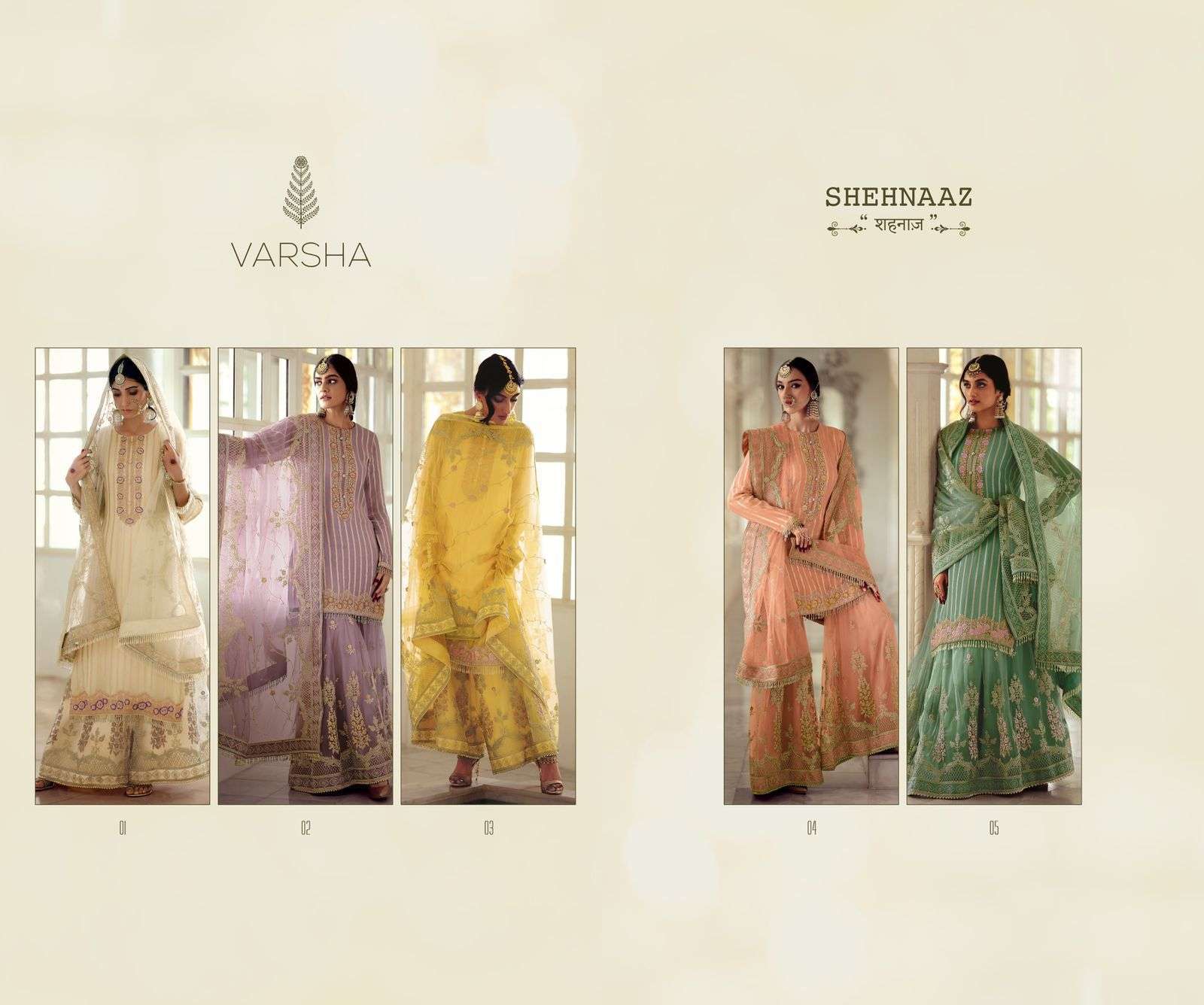 SHEHNAAZ BY VARSHA 01 TO 05 SERIES DESIGNER SHARARA SUITS COLLECTION BEAUTIFUL STYLISH COLORFUL FANCY PARTY WEAR & OCCASIONAL WEAR GEORGETTE EMBROIDERED DRESSES AT WHOLESALE PRICE