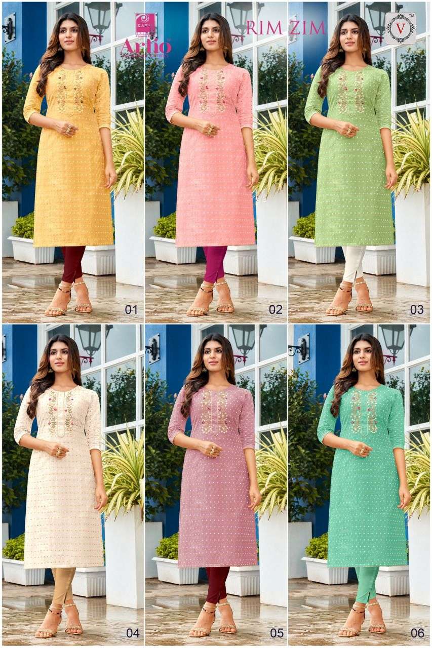 RIM ZIM BY ARTIO 01 TO 06 SERIES DESIGNER STYLISH FANCY COLORFUL BEAUTIFUL PARTY WEAR & ETHNIC WEAR COLLECTION MODAL SILK KURTIS AT WHOLESALE PRICE