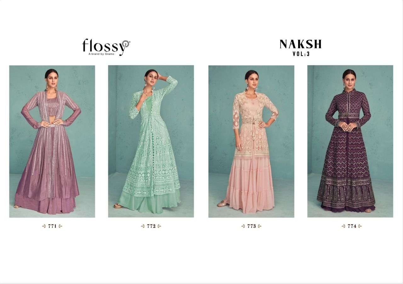 Naksh Vol-3 By Flossy 771 To 774 Series Beautiful Stylish Fancy Colorful Casual Wear & Ethnic Wear Georgette Embroidered Tops At Wholesale Price