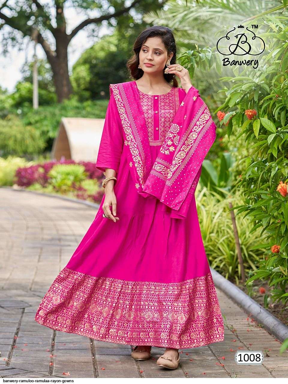 RAMULOO RAMULAA BY BANWERY FASHION 1001 TO 1008 SERIES BEAUTIFUL STYLISH FANCY COLORFUL CASUAL WEAR & ETHNIC WEAR RAYON FOIL PRINT GOWNS WITH DUPATTA AT WHOLESALE PRICE