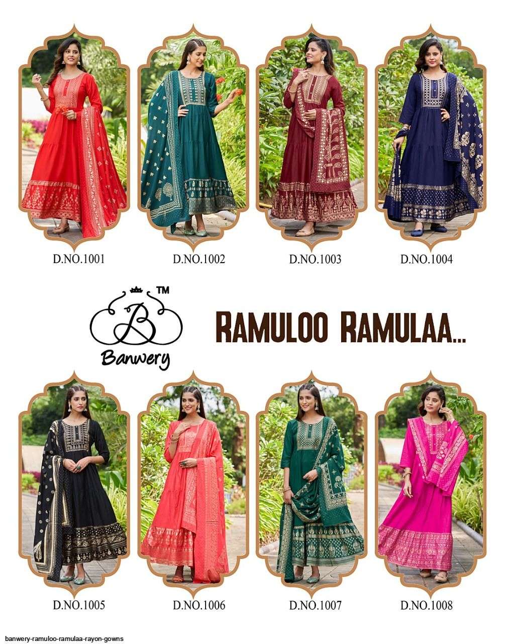 RAMULOO RAMULAA BY BANWERY FASHION 1001 TO 1008 SERIES BEAUTIFUL STYLISH FANCY COLORFUL CASUAL WEAR & ETHNIC WEAR RAYON FOIL PRINT GOWNS WITH DUPATTA AT WHOLESALE PRICE