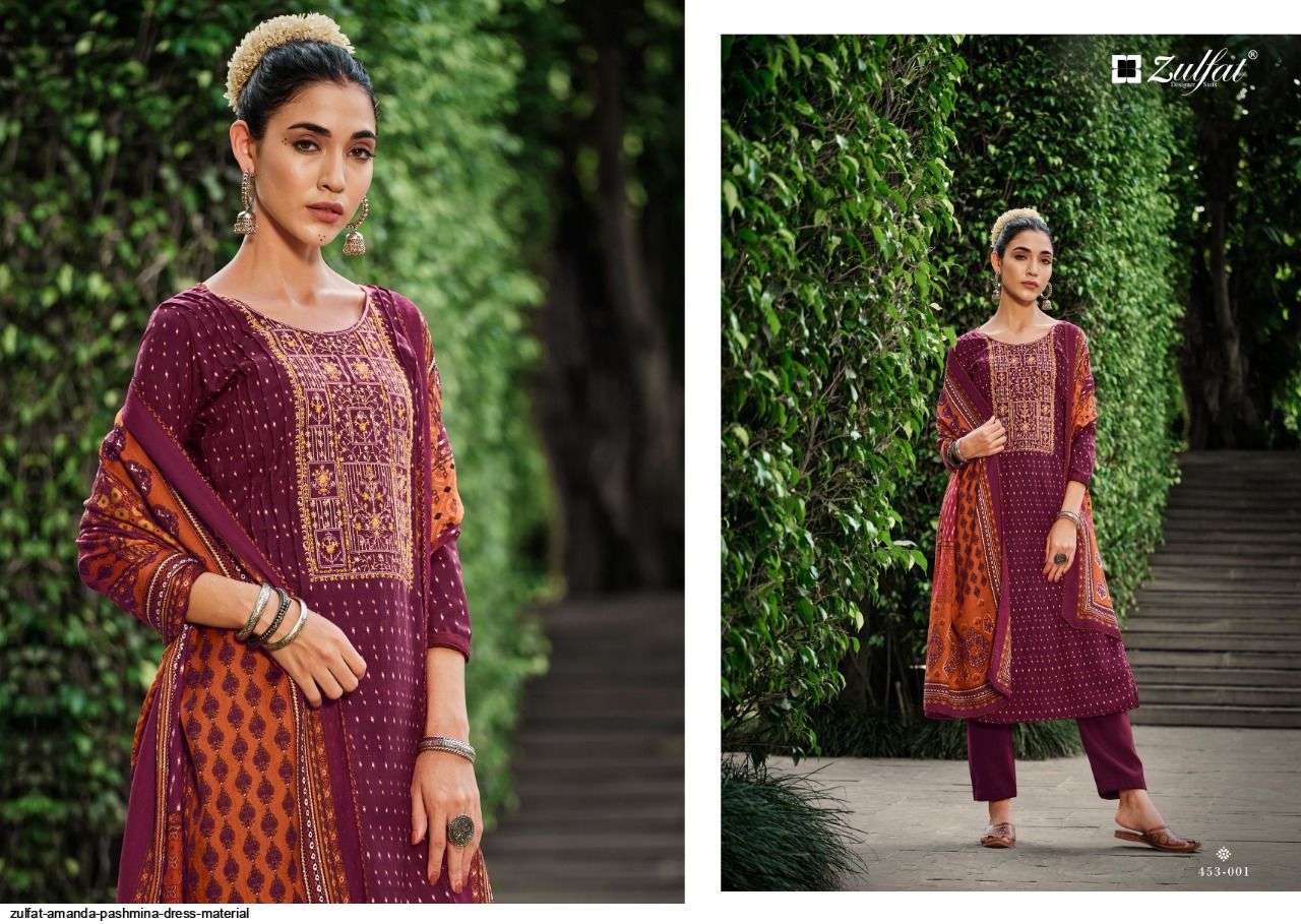 Amanda By Zulfat 453-001 To 453-010 Series Beautiful Festive Suits Stylish Fancy Colorful Party Wear & Occasional Wear Viscose Pashmina Embroidered Dresses At Wholesale Price