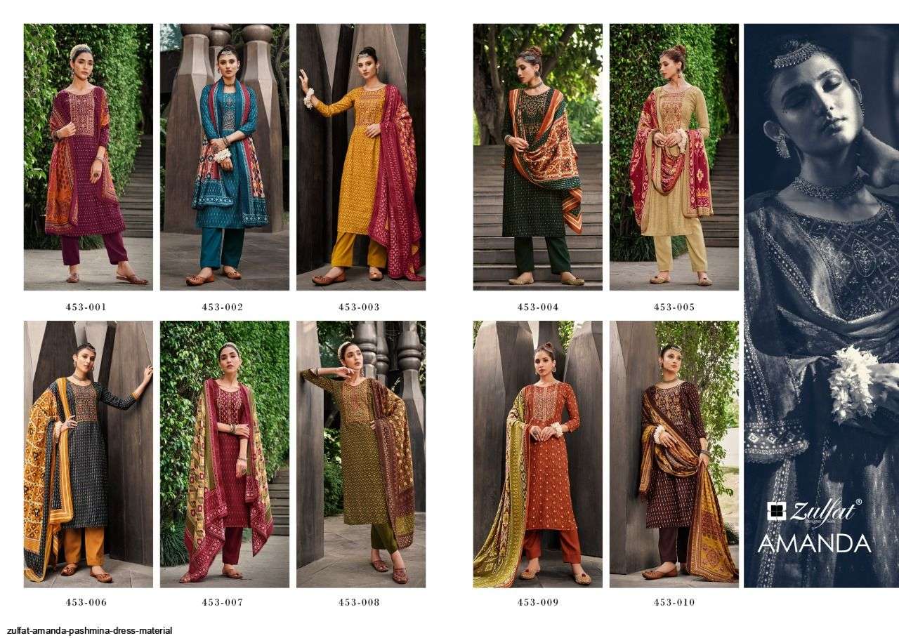 Amanda By Zulfat 453-001 To 453-010 Series Beautiful Festive Suits Stylish Fancy Colorful Party Wear & Occasional Wear Viscose Pashmina Embroidered Dresses At Wholesale Price