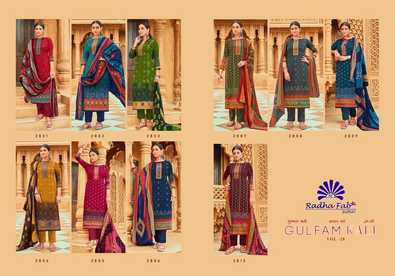 GULFAM KALI VOL-28 BY RADHA FABS 2801 TO 2810 SERIES DESIGNER SUITS COLLECTION BEAUTIFUL STYLISH COLORFUL FANCY PARTY WEAR & OCCASIONAL WEAR PURE PASHMINA PRINT DRESSES AT WHOLESALE PRICE