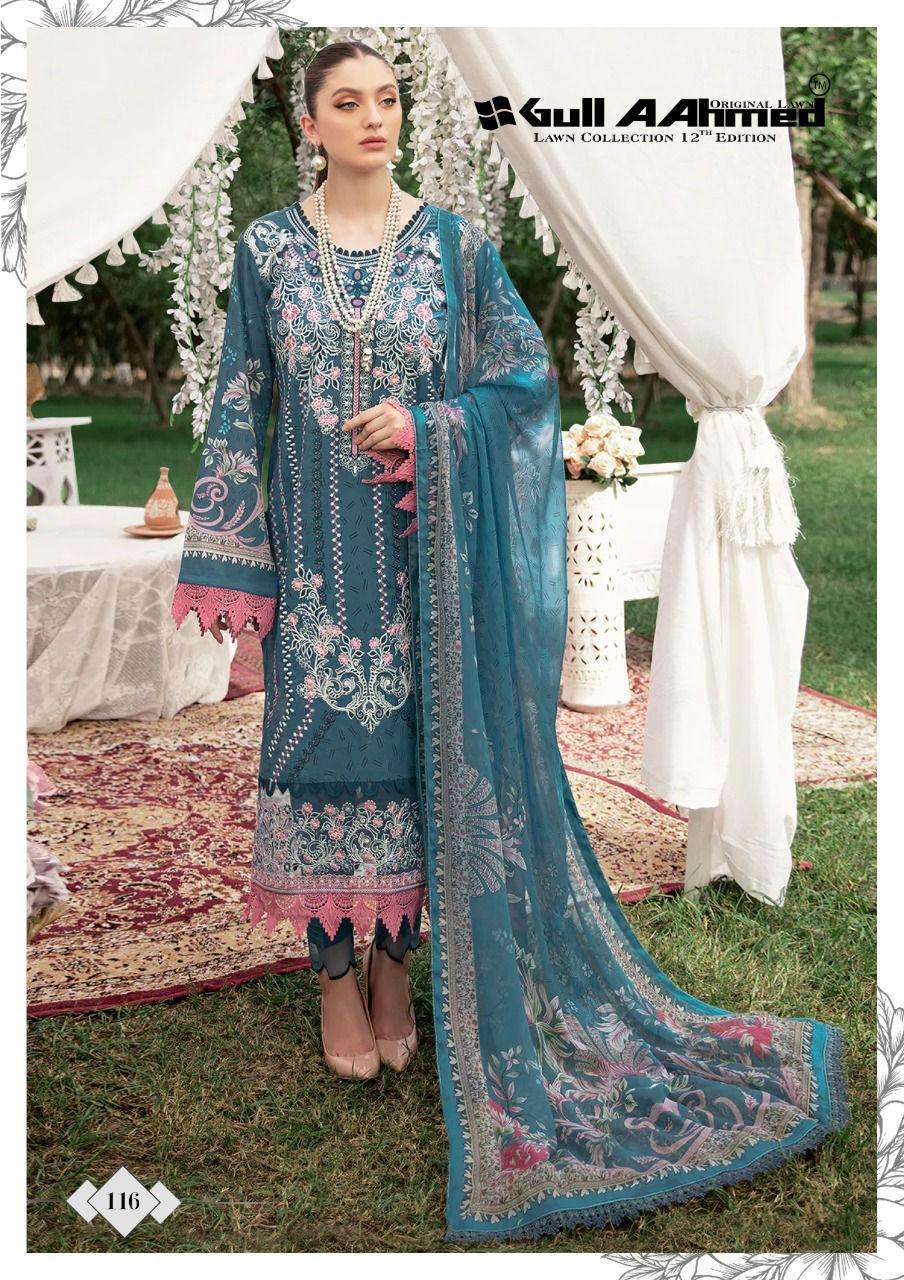 GULL AAHMED LAWN COLLECTION VOL-12 BY GULL AAHMED 111 TO 116 SERIES DESIGNER SUITS COLLECTION BEAUTIFUL STYLISH COLORFUL FANCY PARTY WEAR & OCCASIONAL WEAR PURE LAWN DRESSES AT WHOLESALE PRICE