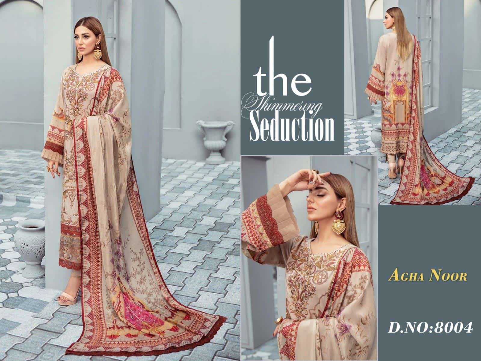LUXURY LAWN COLLECTION VOL-8 BY AGHA NOOR 1001 TO 1006 SERIES DESIGNER SUITS COLLECTION BEAUTIFUL STYLISH COLORFUL FANCY PARTY WEAR & OCCASIONAL WEAR LAWN COTTON DRESSES AT WHOLESALE PRICE