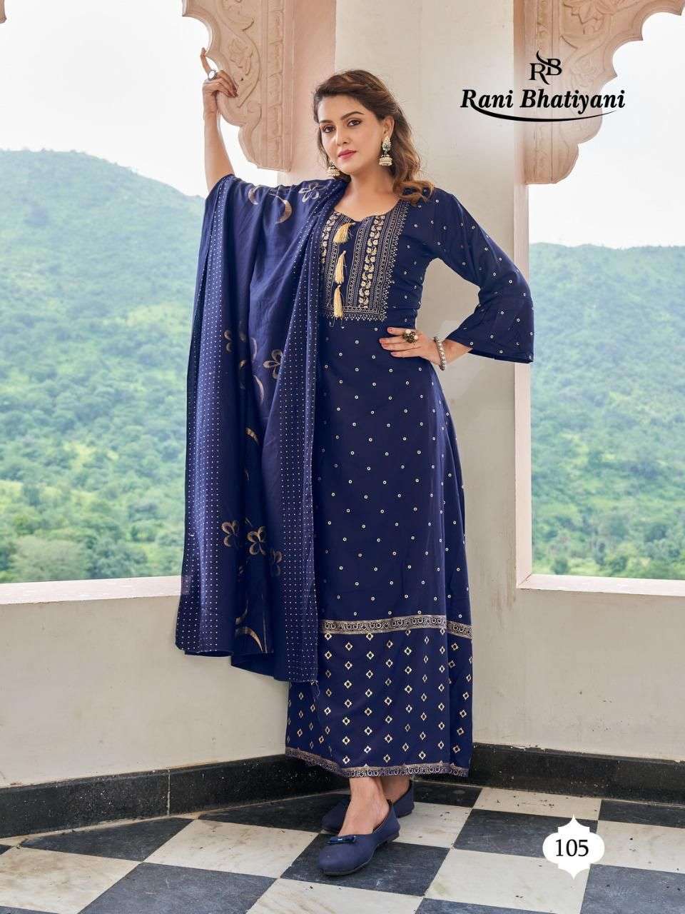 STUDIO BY RANI BHATIYANI 101 TO 108 SERIES BEAUTIFUL STYLISH FANCY COLORFUL CASUAL WEAR & ETHNIC WEAR RAYON FOIL PRINT GOWNS WITH DUPATTA AT WHOLESALE PRICE