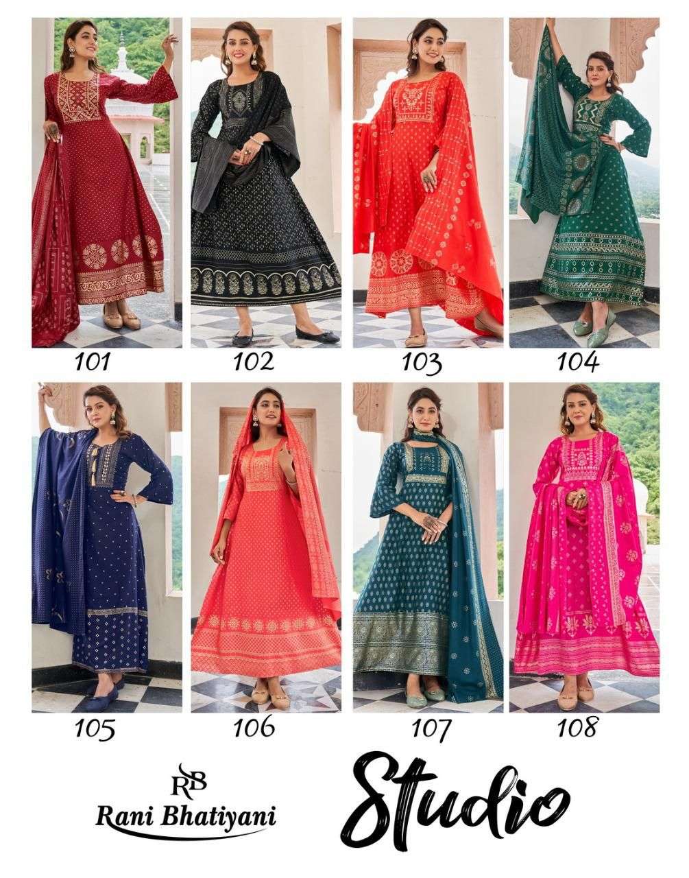 STUDIO BY RANI BHATIYANI 101 TO 108 SERIES BEAUTIFUL STYLISH FANCY COLORFUL CASUAL WEAR & ETHNIC WEAR RAYON FOIL PRINT GOWNS WITH DUPATTA AT WHOLESALE PRICE