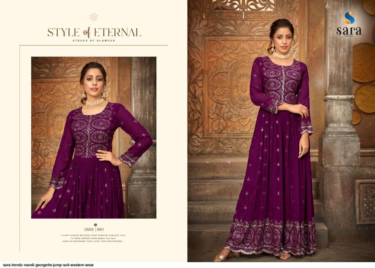 NAVELI BY SARA TRENDZ 5001 TO 5004 SERIES DESIGNER STYLISH FANCY COLORFUL BEAUTIFUL PARTY WEAR & ETHNIC WEAR COLLECTION GEORGETTE JUMPSUIT AT WHOLESALE PRICE