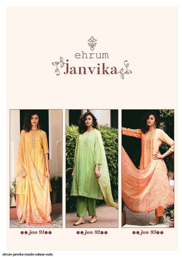JANVIKA BY EHRUM 91 TO 93 SERIES BEAUTIFUL SUITS COLORFUL STYLISH FANCY CASUAL WEAR & ETHNIC WEAR PURE MUSLIN PRINT DRESSES AT WHOLESALE PRICE