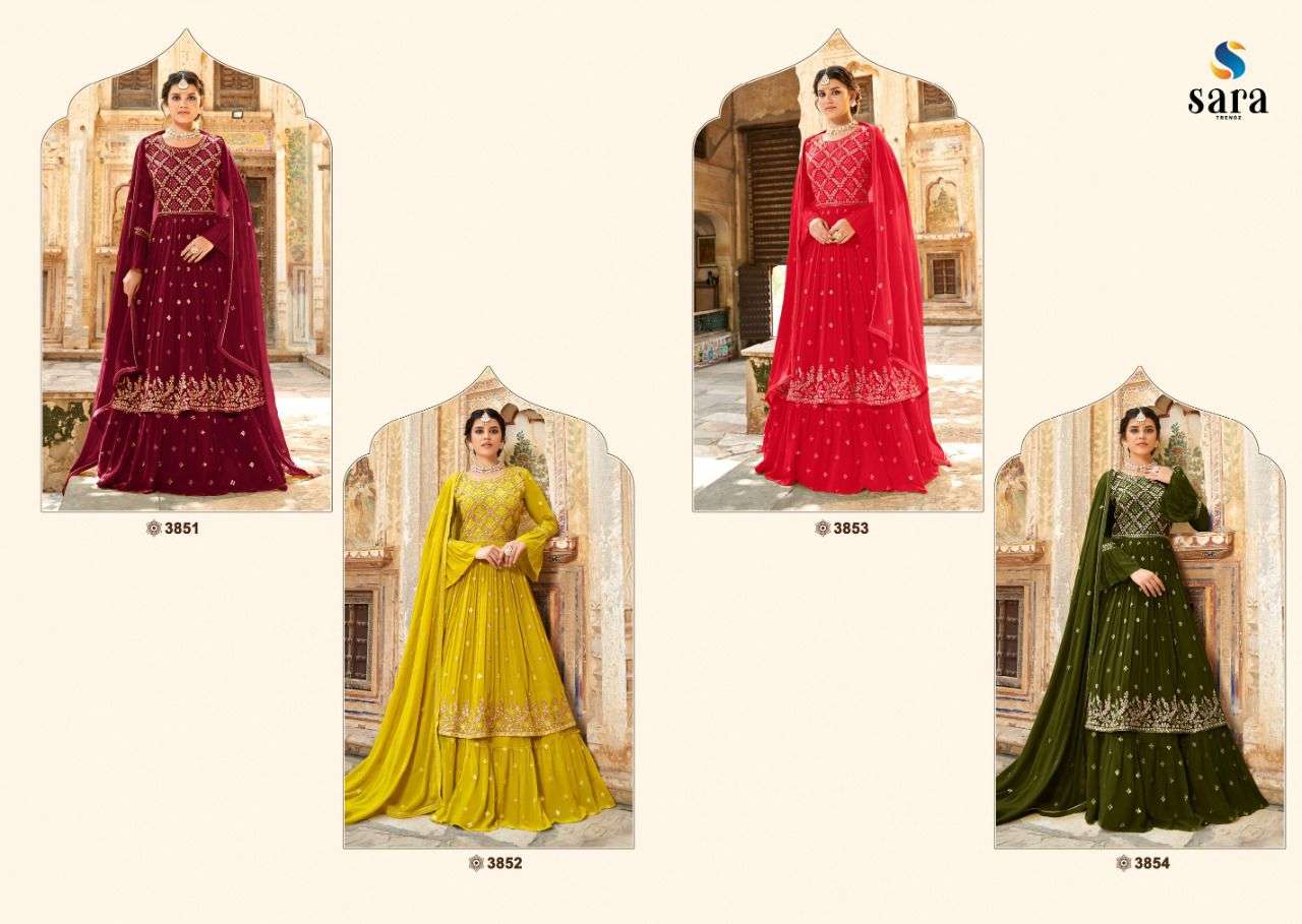 RUBY BY SARA TRENDZ 3851 TO 3854 SERIES BEAUTIFUL SHARARA SUITS COLORFUL STYLISH FANCY CASUAL WEAR & ETHNIC WEAR GEORGETTE EMBROIDERED DRESSES AT WHOLESALE PRICE