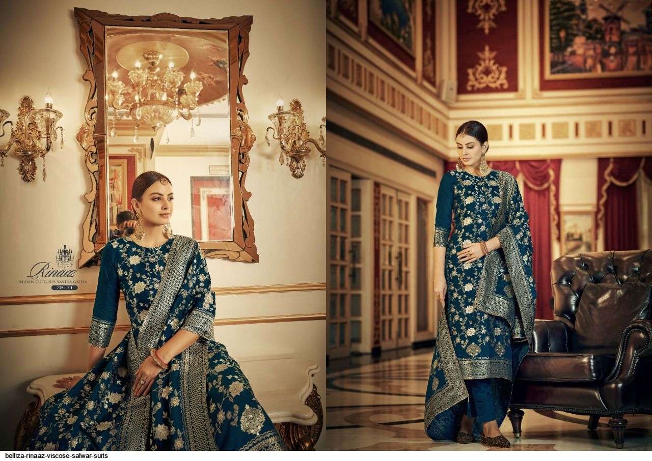 RINAAZ BY BELLIZA 739-001 TO 739-006 SERIES SUITS BEAUTIFUL FANCY COLORFUL STYLISH PARTY WEAR & OCCASIONAL WEAR PURE VISCOSE DOLA SILK EMBROIDERY DRESSES AT WHOLESALE PRICE