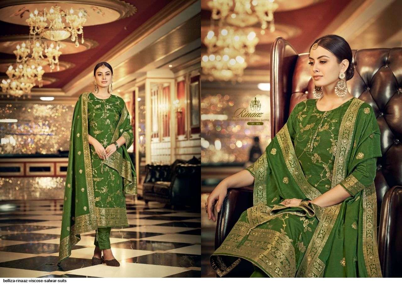 RINAAZ BY BELLIZA 739-001 TO 739-006 SERIES SUITS BEAUTIFUL FANCY COLORFUL STYLISH PARTY WEAR & OCCASIONAL WEAR PURE VISCOSE DOLA SILK EMBROIDERY DRESSES AT WHOLESALE PRICE