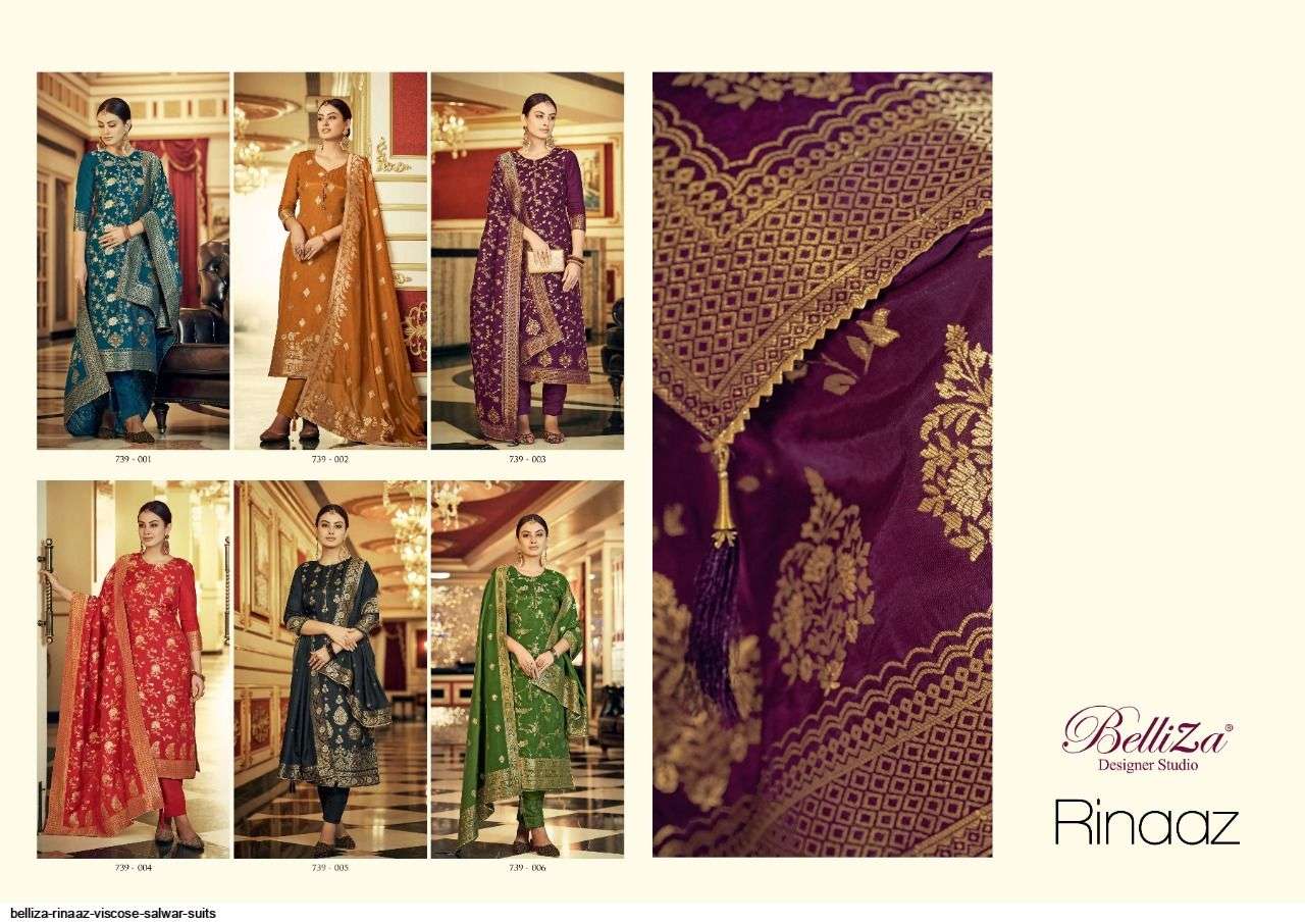 RINAAZ BY BELLIZA 739-001 TO 739-006 SERIES SUITS BEAUTIFUL FANCY COLORFUL STYLISH PARTY WEAR & OCCASIONAL WEAR PURE VISCOSE DOLA SILK EMBROIDERY DRESSES AT WHOLESALE PRICE