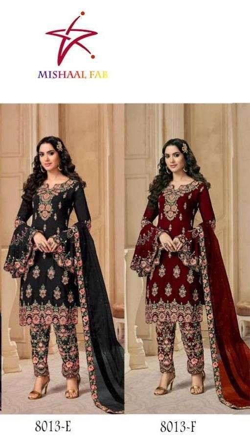 MISHAAL 8013 COLOURS NX BY MISHAAL FAB 8013-E TO 8013-F SERIES BEAUTIFUL PAKISTANI SUITS STYLISH COLORFUL FANCY CASUAL WEAR & ETHNIC WEAR HEAVY GEORGETTE EMBROIDERED DRESSES AT WHOLESALE PRICE