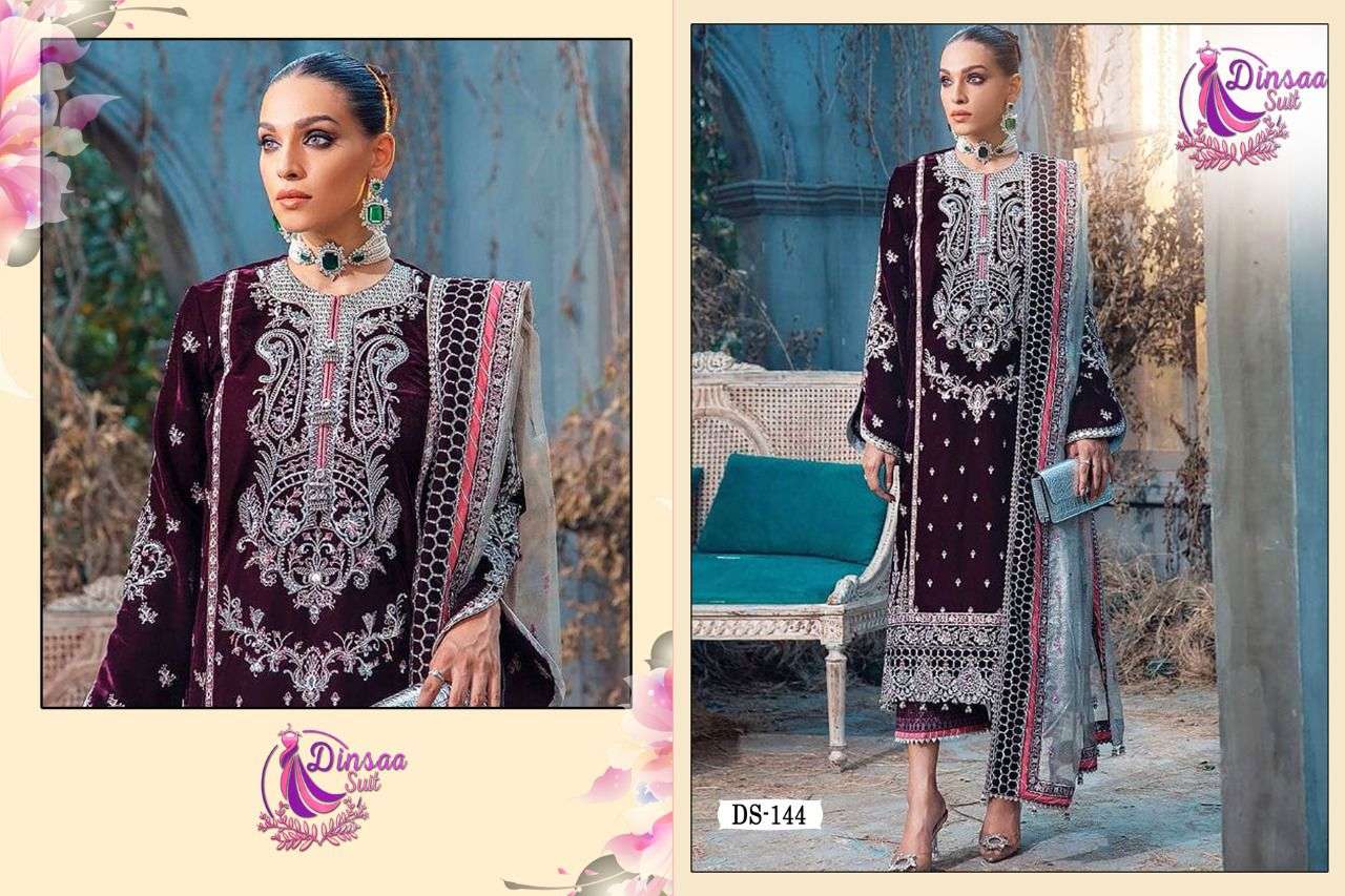 Anaya Vol-1 By Dinsaa Suits 144 To 146 Series Pakistani Traditional Wear Collection Beautiful Stylish Fancy Colorful Party Wear & Occasional Wear Velvet Embroidered Dresses At Wholesale Price