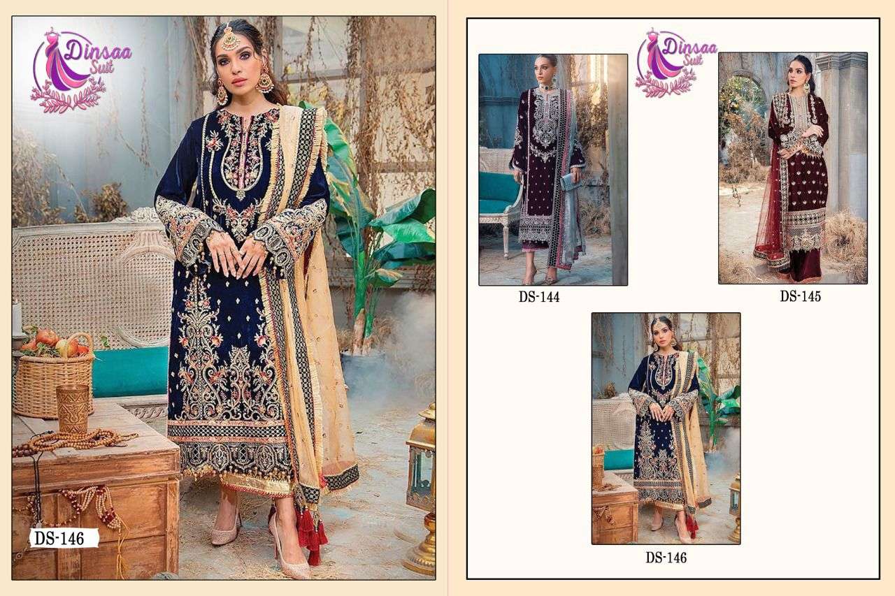 Anaya Vol-1 By Dinsaa Suits 144 To 146 Series Pakistani Traditional Wear Collection Beautiful Stylish Fancy Colorful Party Wear & Occasional Wear Velvet Embroidered Dresses At Wholesale Price