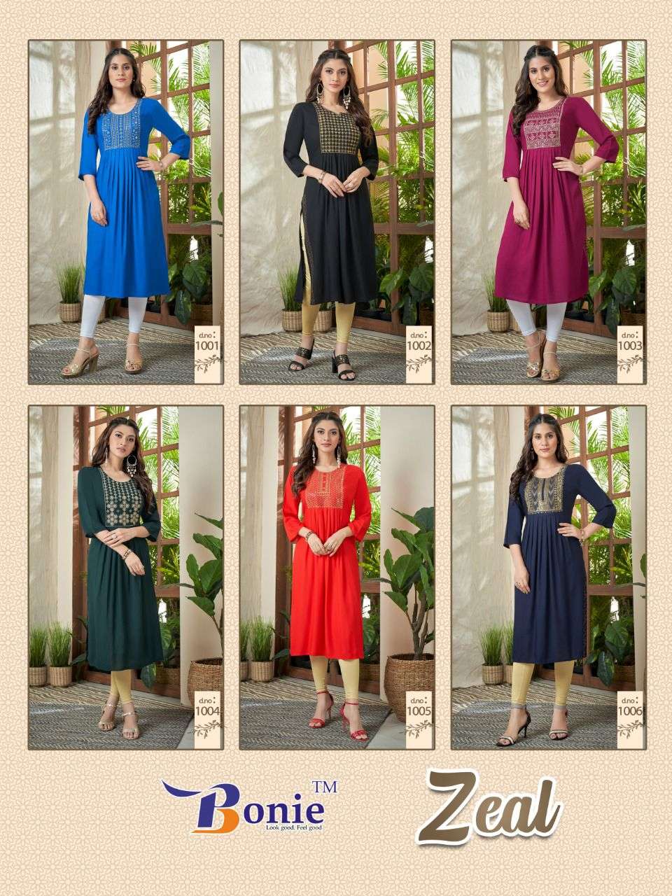 ZEAL BY BONIE 1001 TO 1006 SERIES BEAUTIFUL STYLISH FANCY COLORFUL CASUAL WEAR & ETHNIC WEAR RAYON KURTIS AT WHOLESALE PRICE