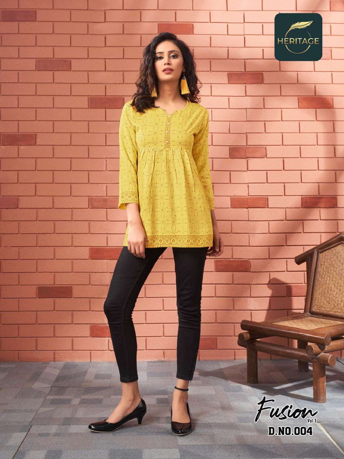 FUSION VOL-1 BY HERITAGE 001 TO 006 SERIES BEAUTIFUL STYLISH FANCY COLORFUL CASUAL WEAR & ETHNIC WEAR RAYON TOPS AT WHOLESALE PRICE