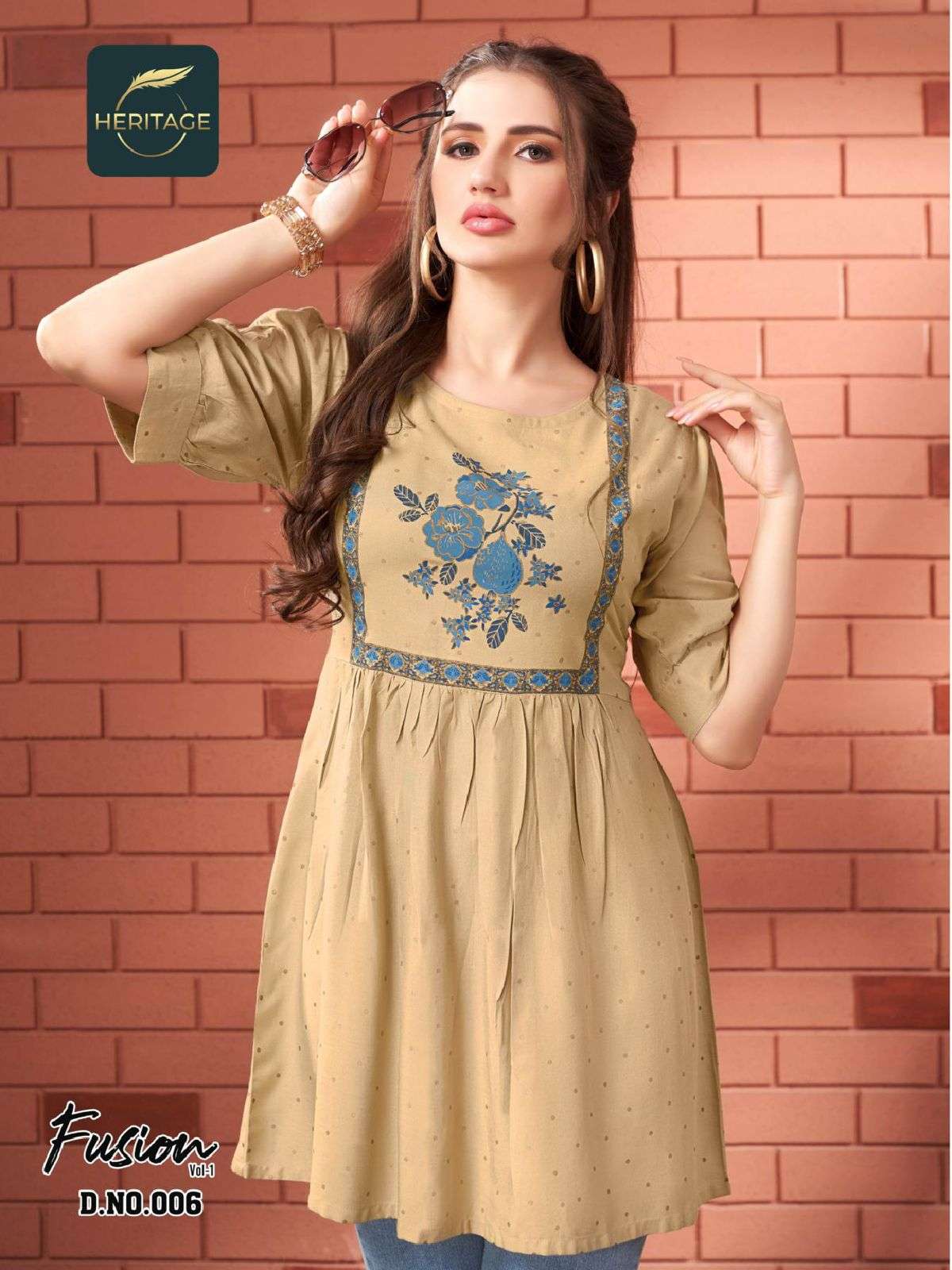 FUSION VOL-1 BY HERITAGE 001 TO 006 SERIES BEAUTIFUL STYLISH FANCY COLORFUL CASUAL WEAR & ETHNIC WEAR RAYON TOPS AT WHOLESALE PRICE