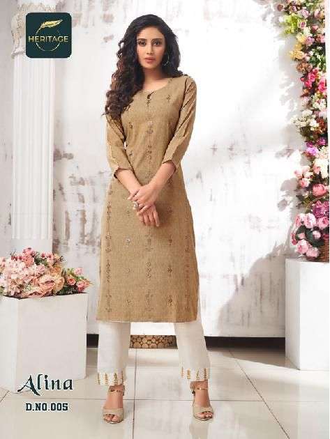 ALINA BY HERITAGE 001 TO 006 SERIES BEAUTIFUL STYLISH FANCY COLORFUL CASUAL WEAR & ETHNIC WEAR RAYON KURTIS WITH BOTTOM AT WHOLESALE PRICE