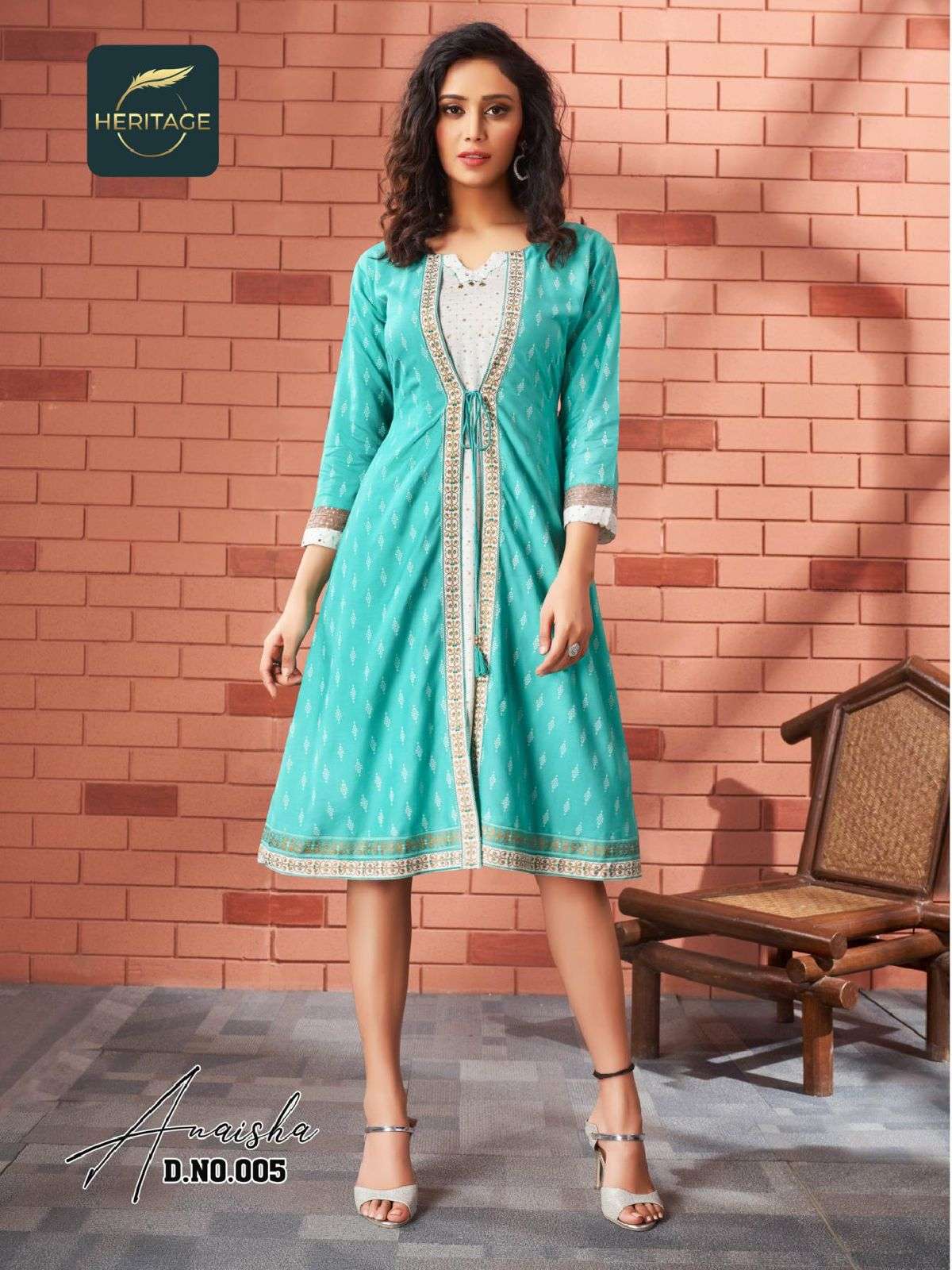 ANAISHA BY HERITAGE 001 TO 005 SERIES BEAUTIFUL STYLISH FANCY COLORFUL CASUAL WEAR & ETHNIC WEAR RAYON KURTIS WITH JACKETS AT WHOLESALE PRICE