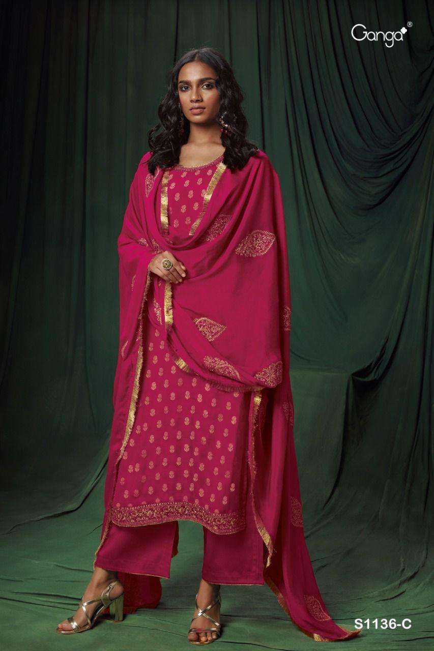 KAIA-1136 BY GANGA FASHION 1136-A TO 1136-C SERIES BEAUTIFUL SUITS COLORFUL STYLISH FANCY CASUAL WEAR & ETHNIC WEAR BEMBERG CHIFFON JACQUARD DRESSES AT WHOLESALE PRICE