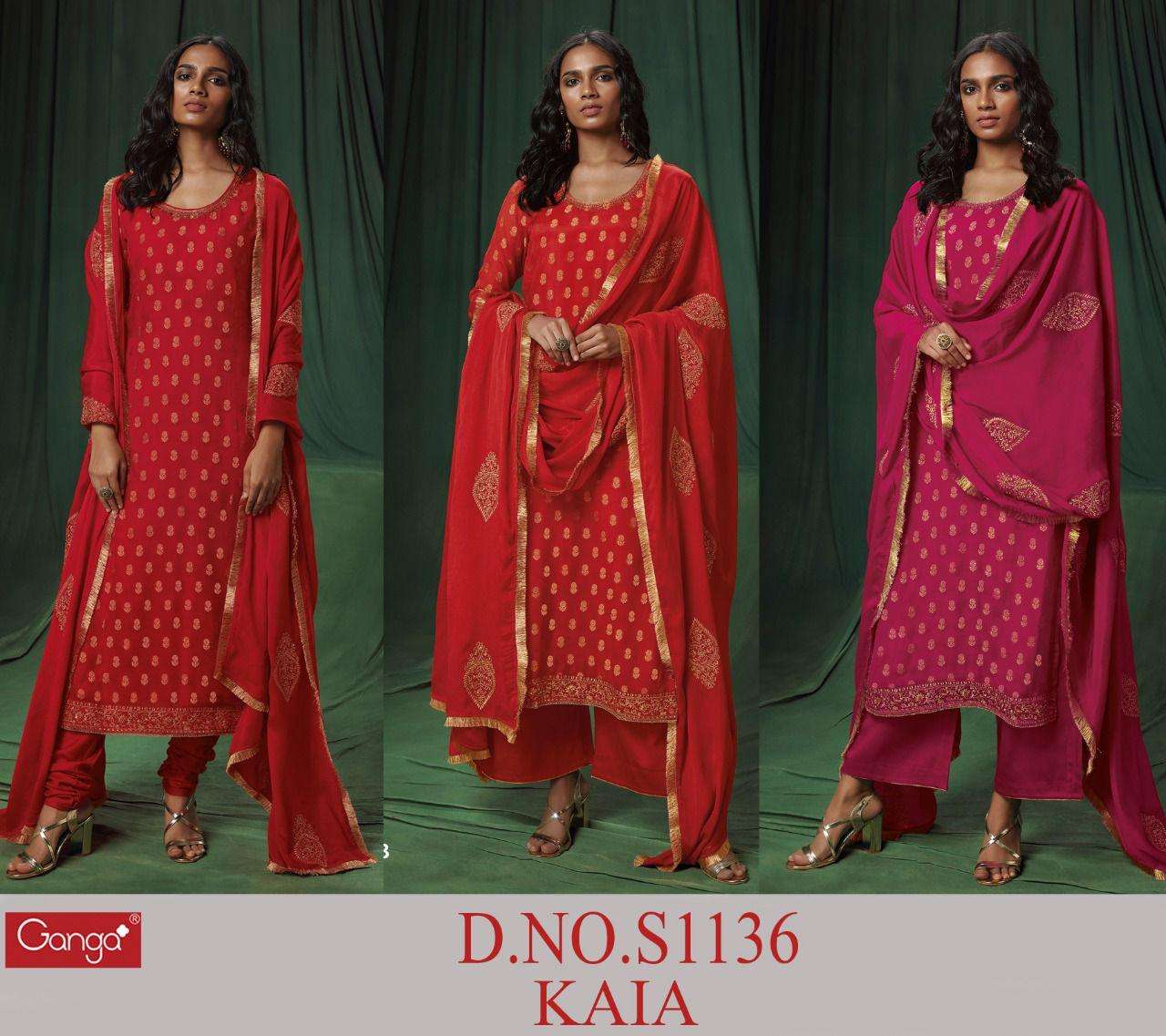 KAIA-1136 BY GANGA FASHION 1136-A TO 1136-C SERIES BEAUTIFUL SUITS COLORFUL STYLISH FANCY CASUAL WEAR & ETHNIC WEAR BEMBERG CHIFFON JACQUARD DRESSES AT WHOLESALE PRICE