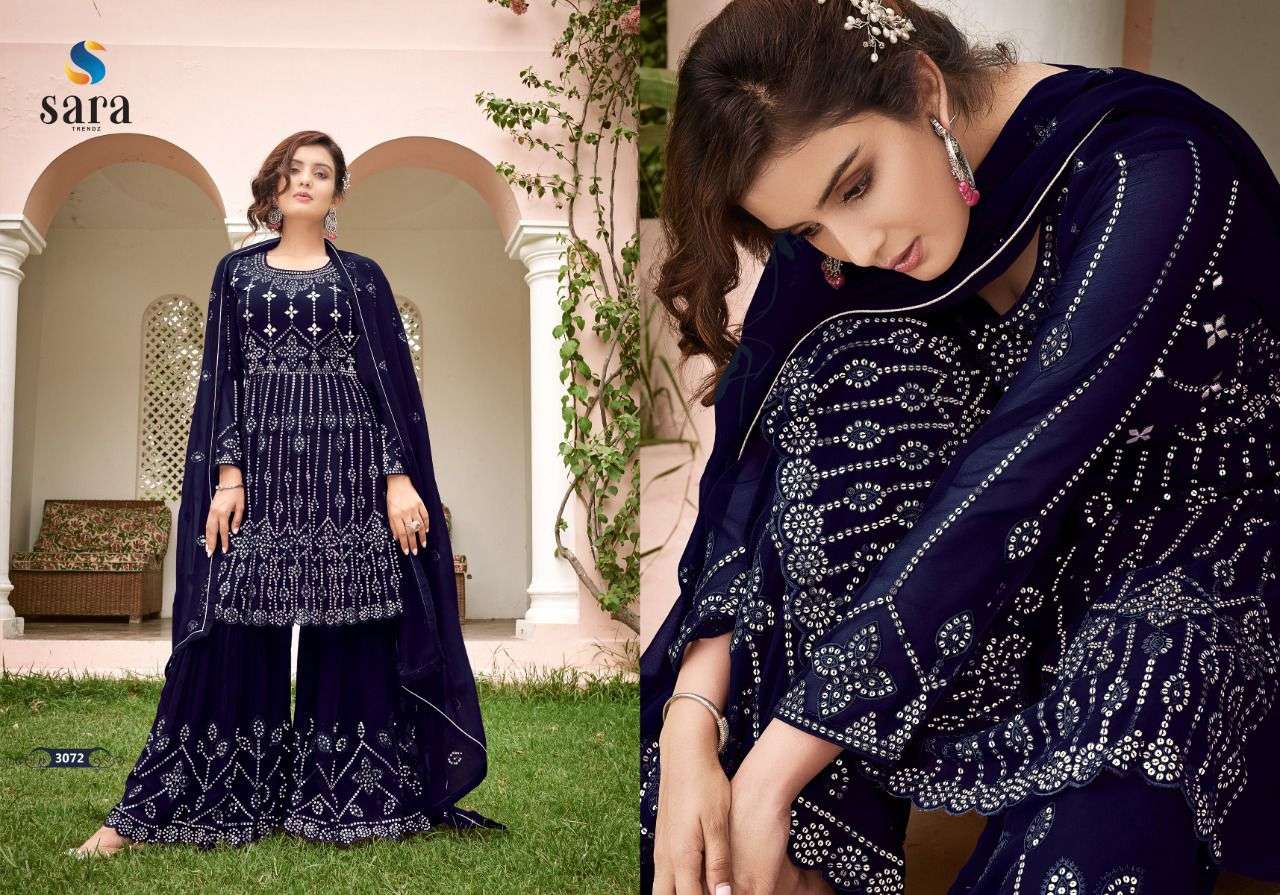LARISHA BY SARA TRENDZ 3071 TO 3074 SERIES BEAUTIFUL SHARARA SUITS COLORFUL STYLISH FANCY CASUAL WEAR & ETHNIC WEAR GEORGETTE EMBROIDERED DRESSES AT WHOLESALE PRICE